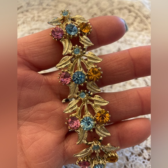 Vintage Pastel Rhinestone Gold-tone Bracelet 8” PINK BLUE YELLOW GORGEOUS - Picture 3 of 13